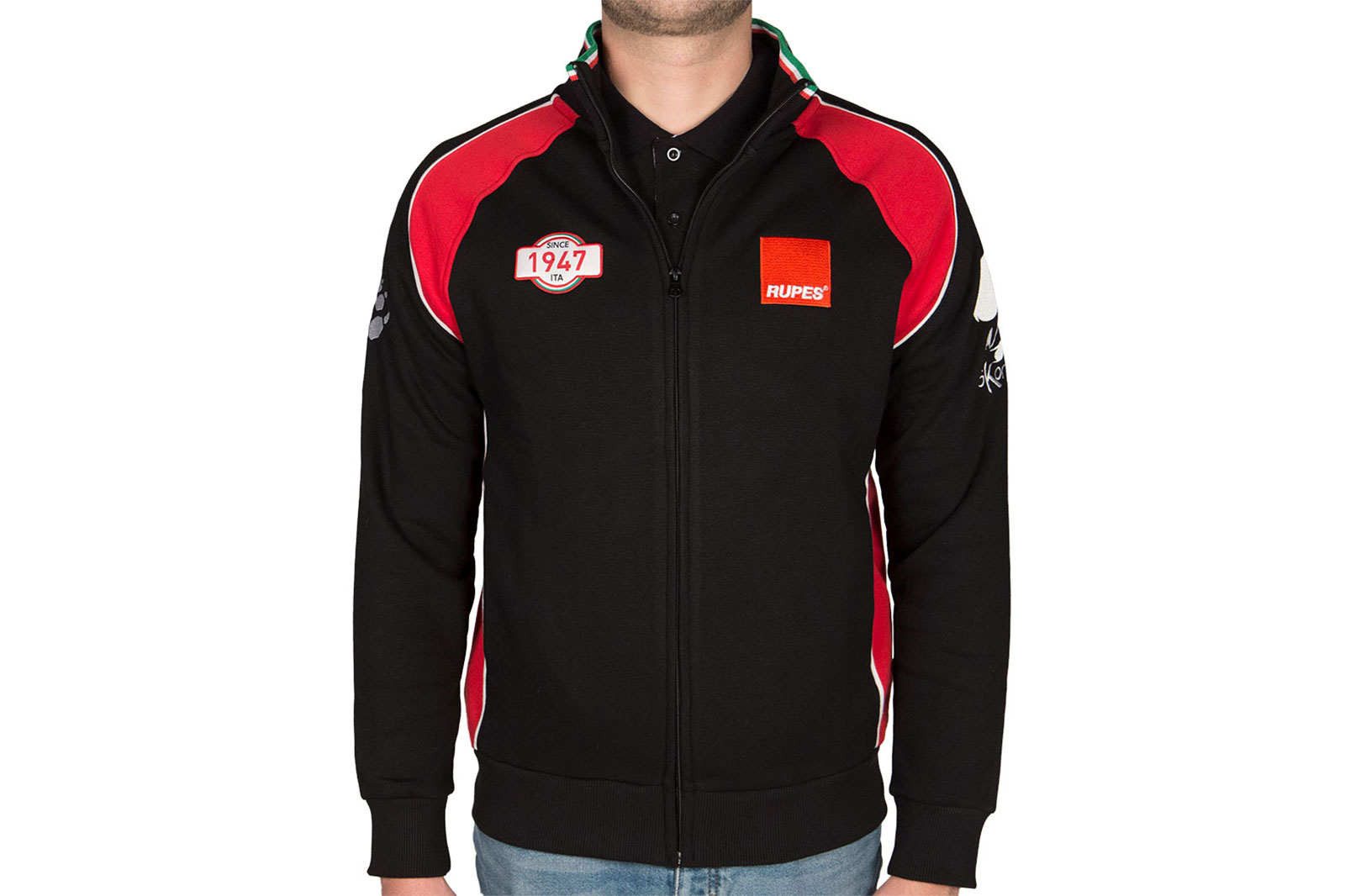 9Z1063-felpa_frontale_collo_aperto_indossato Sweat Racing rouge et noir- Gallery photo 5